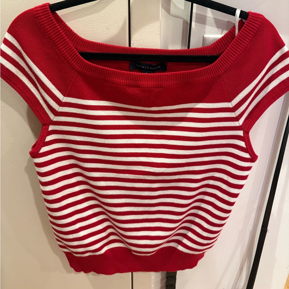 Tommy Hilfiger Red and White Off-the-Shoulder Striped Sweater